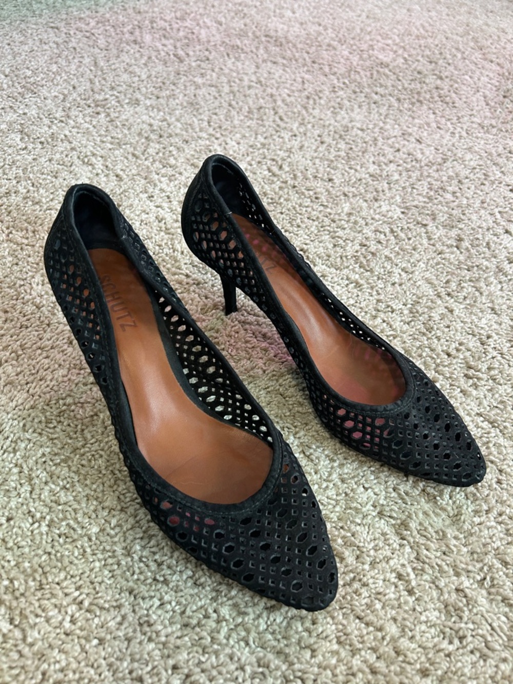Schutz Black Perforated Pointed-Toe Kitten Heel Pumps 8